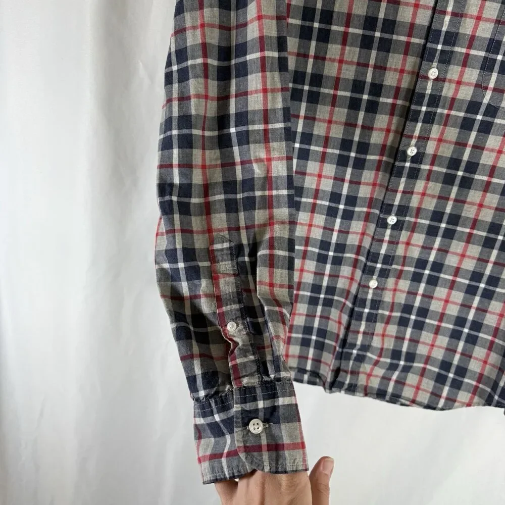 J Crew Button Up Shirt Men's Medium Blue Red Plaid Slim Fit Pocket Long Sleeve